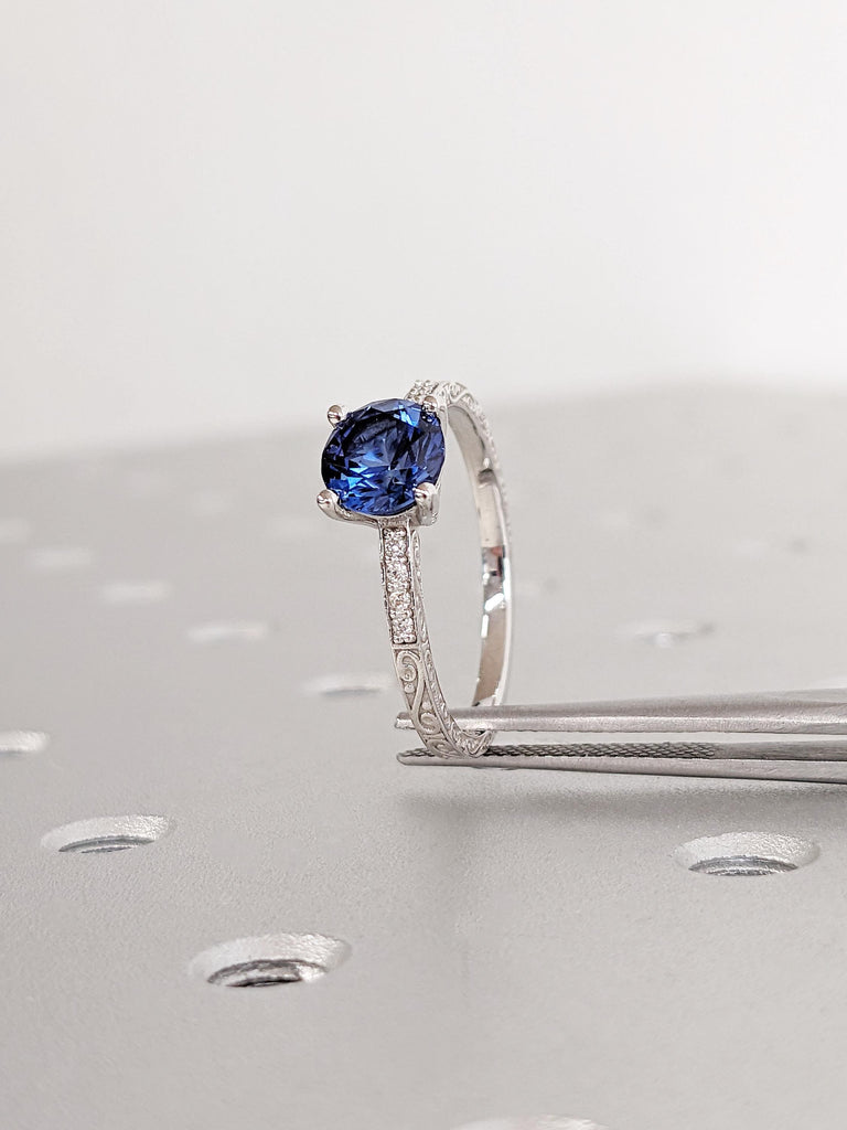 Round Lab Sapphire Engagement Ring, 14k White Gold Ring, Unique Anniversary Rings for Women, Vintage Filigree Promise Ring, Gift for Her