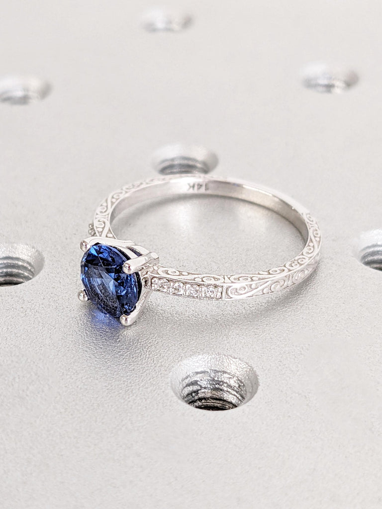 Round Lab Sapphire Engagement Ring, 14k White Gold Ring, Unique Anniversary Rings for Women, Vintage Filigree Promise Ring, Gift for Her