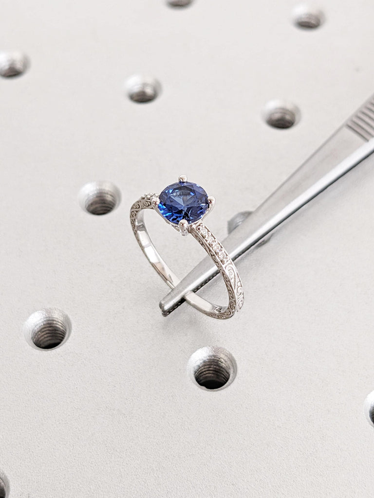 Round Lab Sapphire Engagement Ring, 14k White Gold Ring, Unique Anniversary Rings for Women, Vintage Filigree Promise Ring, Gift for Her