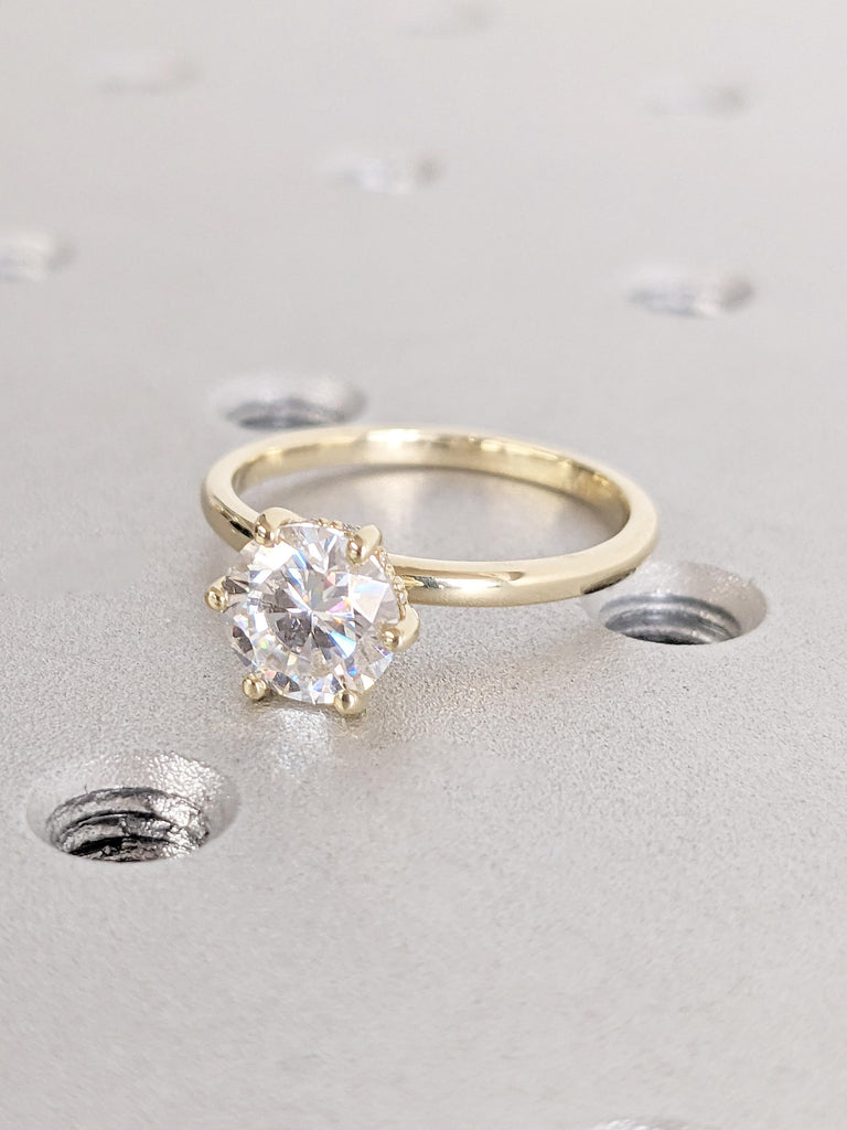 14K Solid Gold Ring | Hidden Halo Engagement Ring for Her | Round VVS Moissanite Ring | Dainty Diamond Ring | Womens Bridal Ring Jewelry