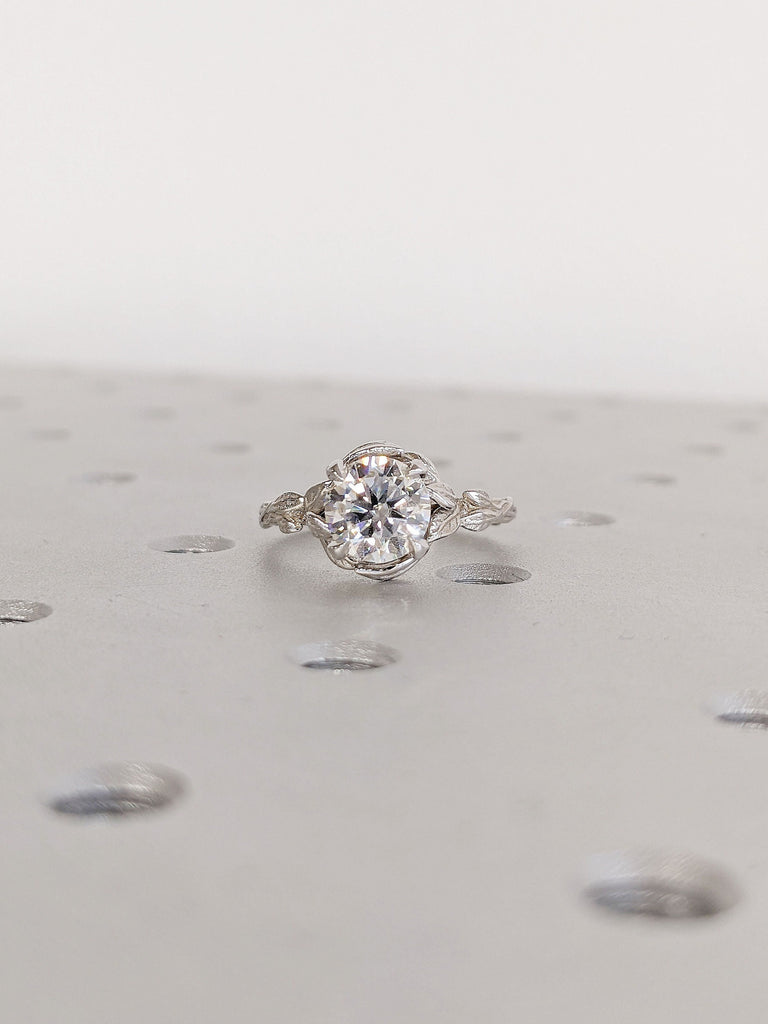 Nature Inspired 1.5ct Moissanite Engagement Ring | 18K White Gold Dainty Promise Ring | Rustic Bridal Ring