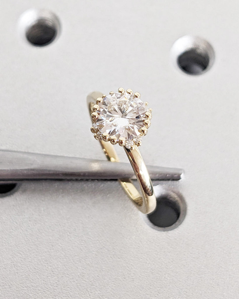 Perfect Lab Created Diamond Engagement Ring | 14k Yellow Gold Promise Ring | Floral Ring | Diamond Halo Ring