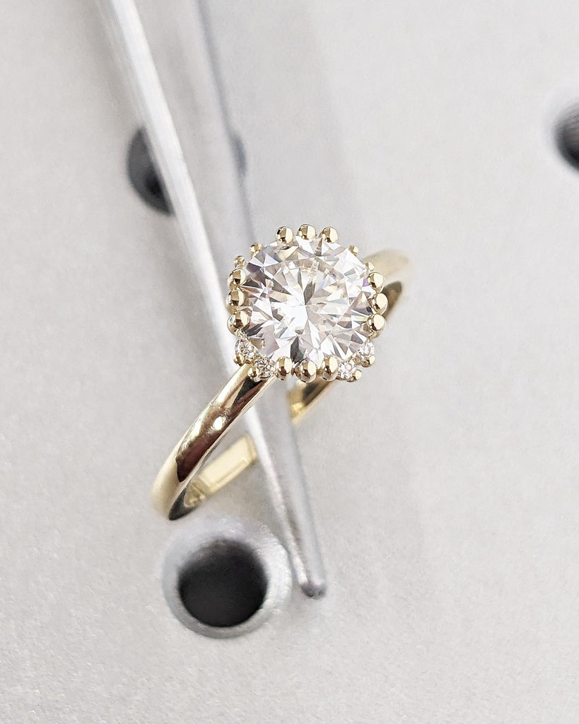 Solitaire Round Cut Moissanite Ring | 14K 18K Gold Vintage Proposal Ring | Starburst Floral Engagement Ring | Promise Ring | Statement Ring