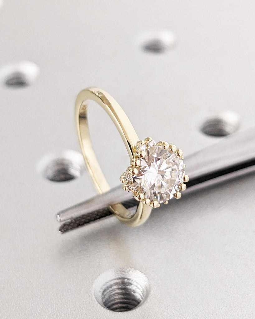 Unique Floral Halo Engagement Ring | 14k Yellow Gold Moissanite Ring | Round Moissanite Promise Ring | Art Deco Ring | 1 ct, 2ct Moissanite