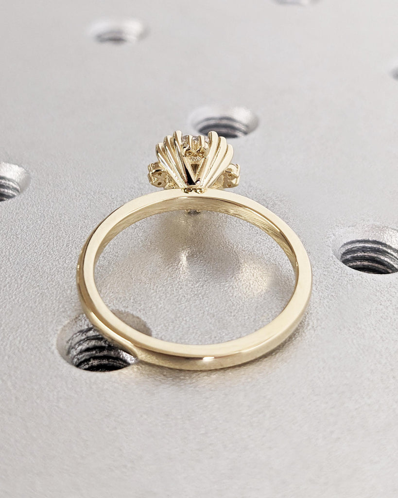 Unique Floral Halo Engagement Ring | 14k Yellow Gold Moissanite Ring | Round Moissanite Promise Ring | Art Deco Ring | 1 ct, 2ct Moissanite