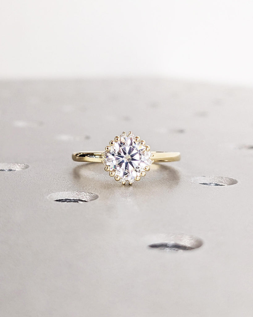 Solitaire Round Cut Moissanite Ring | 14K 18K Gold Vintage Proposal Ring | Starburst Floral Engagement Ring | Promise Ring | Statement Ring