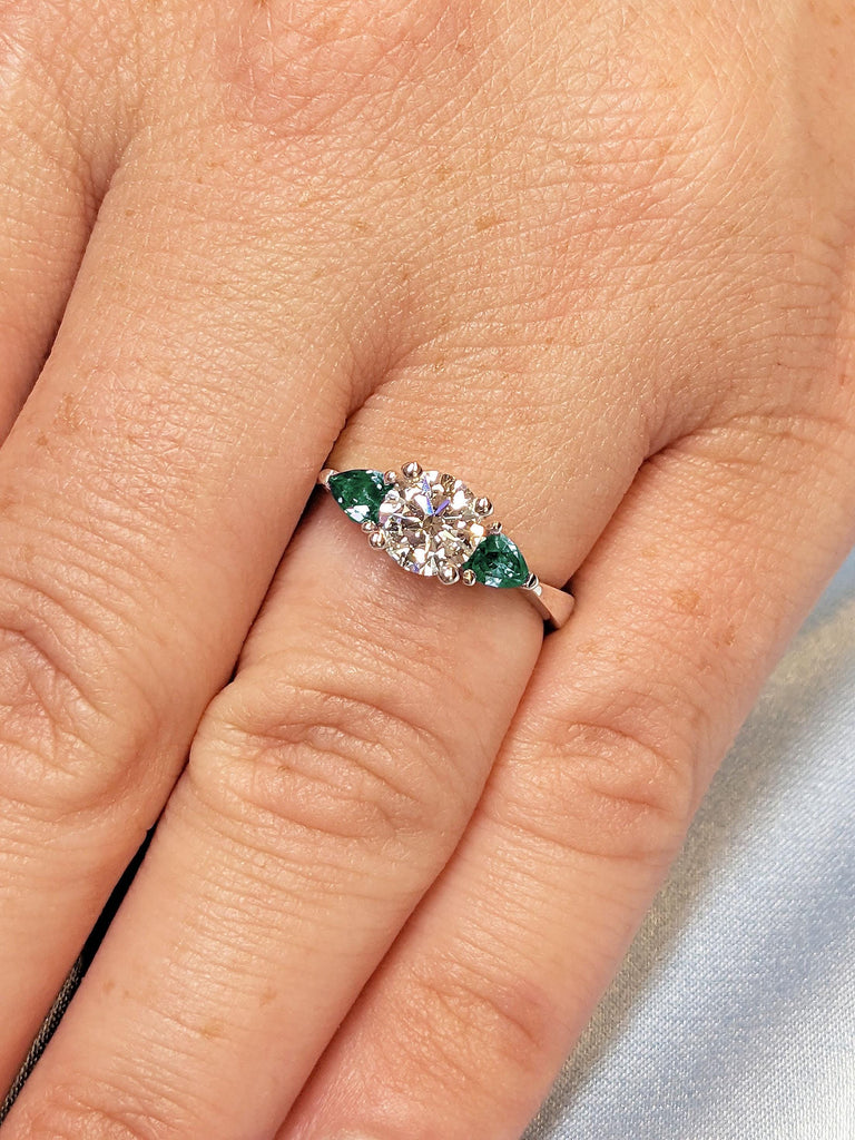 Green Pear cut Emerald Engagement Ring | Unique Three Stone White Gold Ring | Lab Grown Diamond Promise Ring