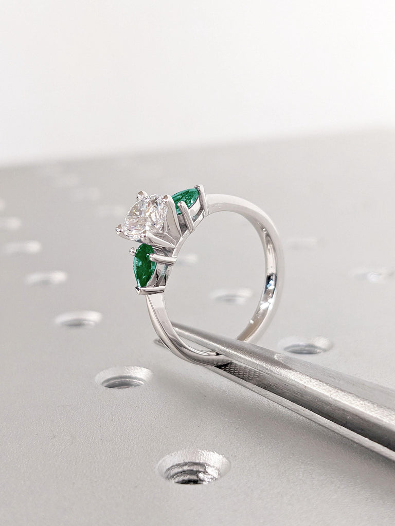 Pear cut Emerald Ring | Unique Emerald & Diamond Engagement Ring | White Gold Lab Grown Diamond Ring for Women | Round Wedding Ring For Her