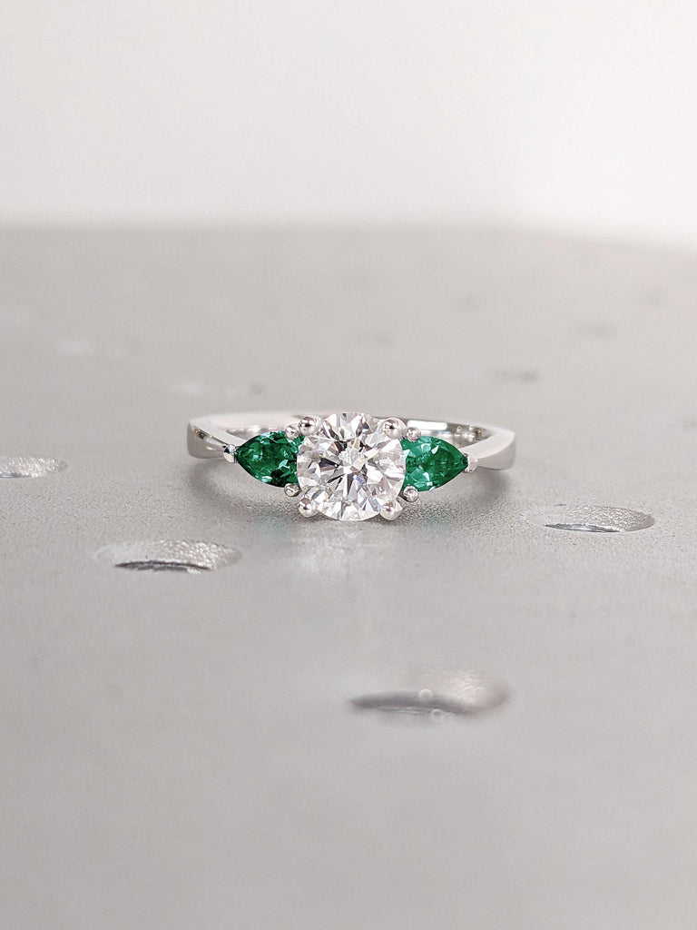 Pear cut Emerald Ring | Unique Emerald & Diamond Engagement Ring | White Gold Lab Grown Diamond Ring for Women | Round Wedding Ring For Her