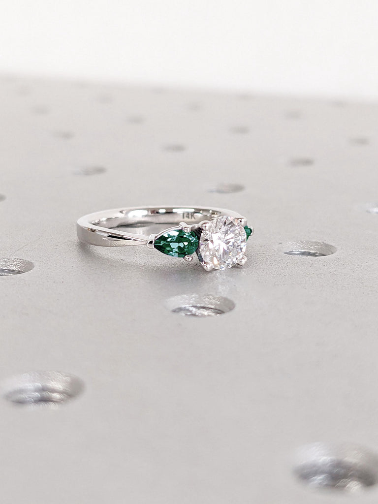 Pear cut Emerald Ring | Unique Emerald & Moissanite Engagement Ring | White Gold Moisanite Ring for Women | Round Wedding Ring For Her