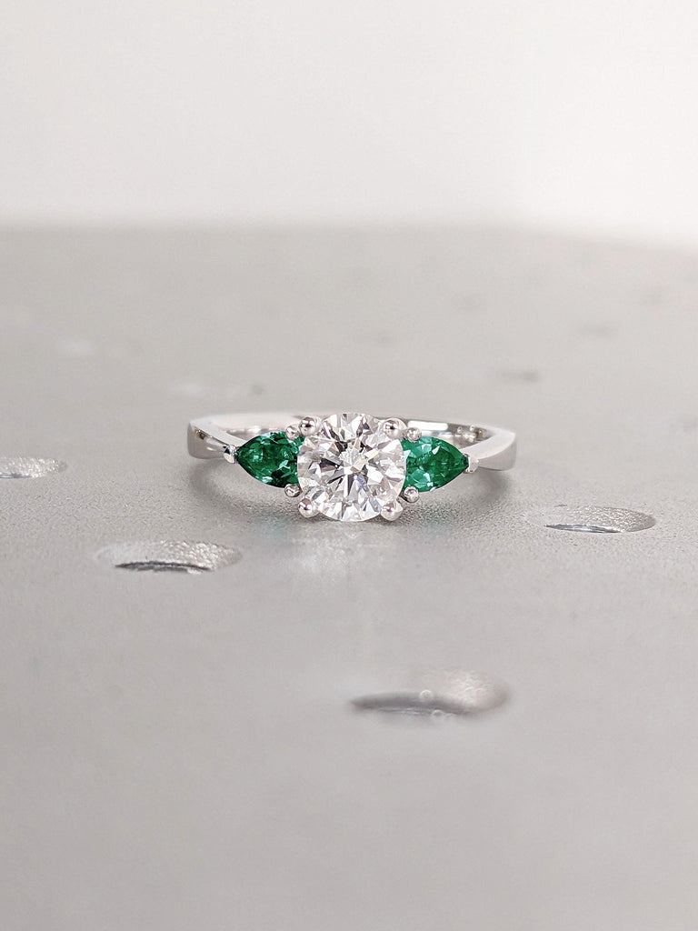 Moissanite and Emerald Unique Promise Anniversary Bridal Ring | 14K Gold Moissanite Engagement Ring | Natural Emerald Ring | Gift for Her