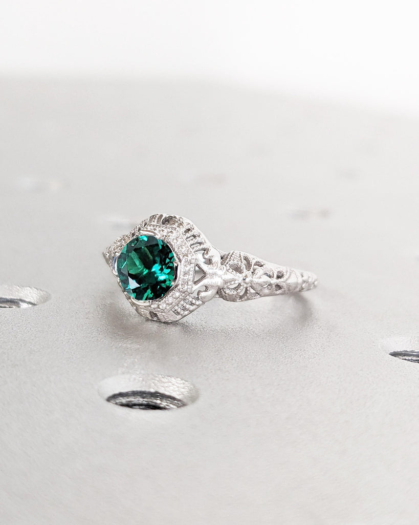 Vintage Style Filigree Engagement Ring, White Gold Art Deco Wedding Ring, Unique Lab Emerald Engagement Ring, Antique Art Nouveau Edwardian