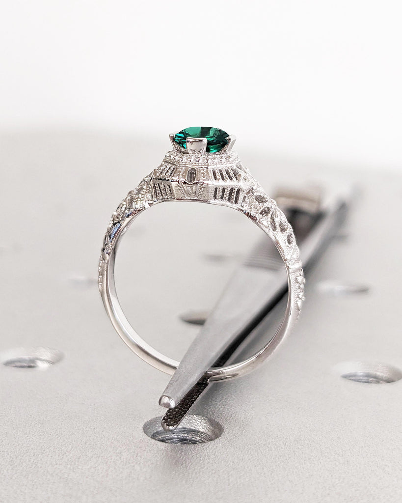 Antique Style Art Nouveau Filigree Ring / Unique Lab Emerald Engagement Ring / White Gold Ring / Art Deco Vintage Filigree Anniversary Ring