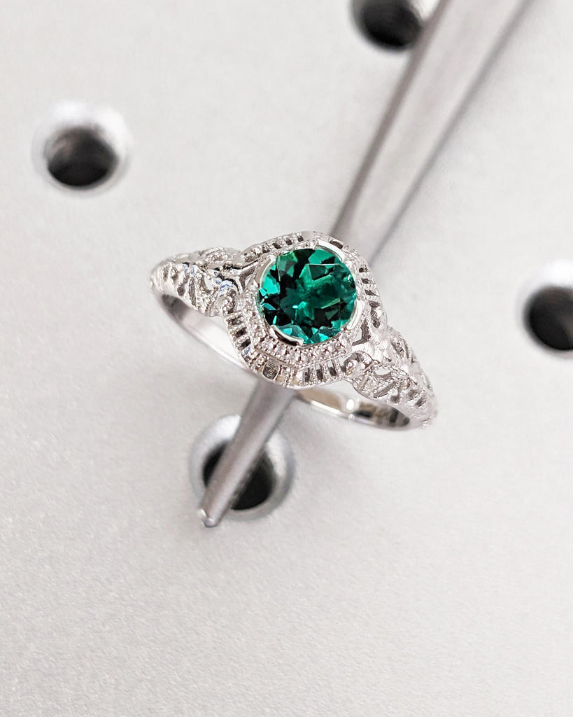 Vintage Style Filigree Engagement Ring, White Gold Art Deco Wedding Ring, Unique Lab Emerald Engagement Ring, Antique Art Nouveau Edwardian