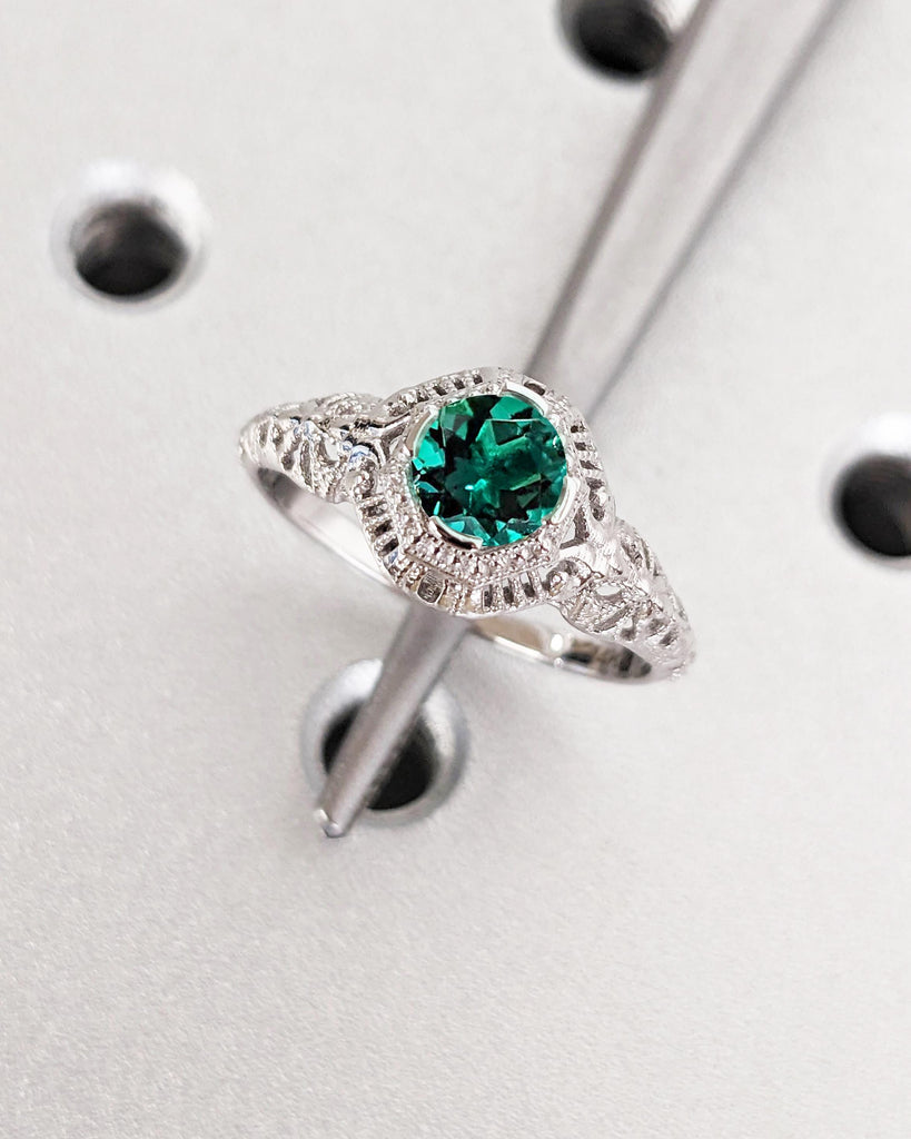 Art Deco Lab Emerald Engagement Ring | Dainty 14k White Gold Ring | Filigree Anniversary Ring | Vintage Statement Ring | Unique Antique Ring