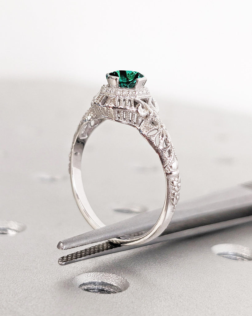 Vintage Style Filigree Engagement Ring, White Gold Art Deco Wedding Ring, Unique Lab Emerald Engagement Ring, Antique Art Nouveau Edwardian