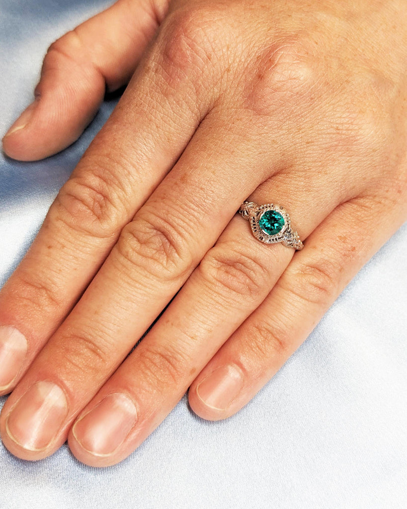 Art Deco Lab Emerald Engagement Ring | Dainty 14k White Gold Ring | Filigree Anniversary Ring | Vintage Statement Ring | Unique Antique Ring