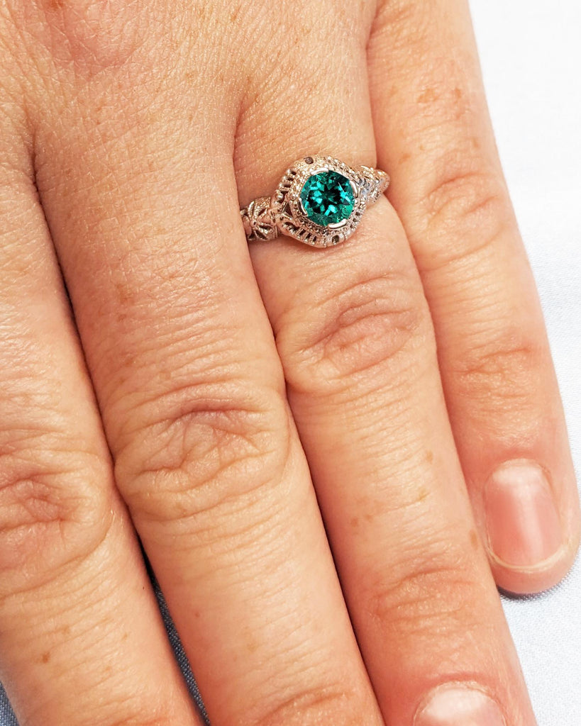 Vintage Style Filigree Engagement Ring, White Gold Art Deco Wedding Ring, Unique Lab Emerald Engagement Ring, Antique Art Nouveau Edwardian