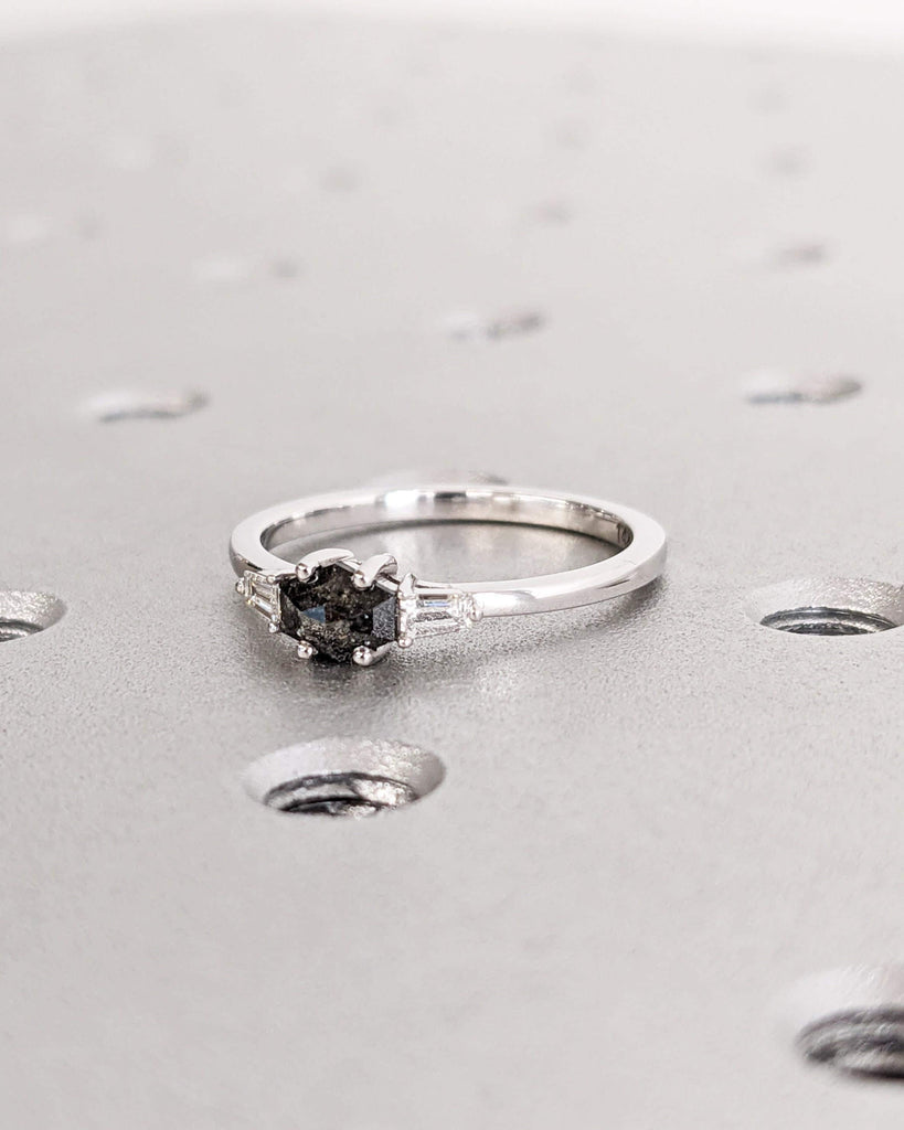 Dainty Salt and Pepper Black Diamond Wedding Anniversary Ring for Wife | Solid Gold, Platinum Unique Proposal Ring | Hexagon Diamond Ring