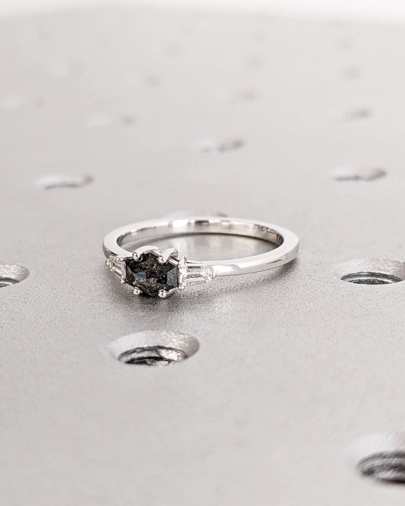 East West Natural Grey Diamond Engagement Ring | 14k White Gold Wedding Ring | Baguette Moissanite Promise Ring | Custom Bridal Jewelry