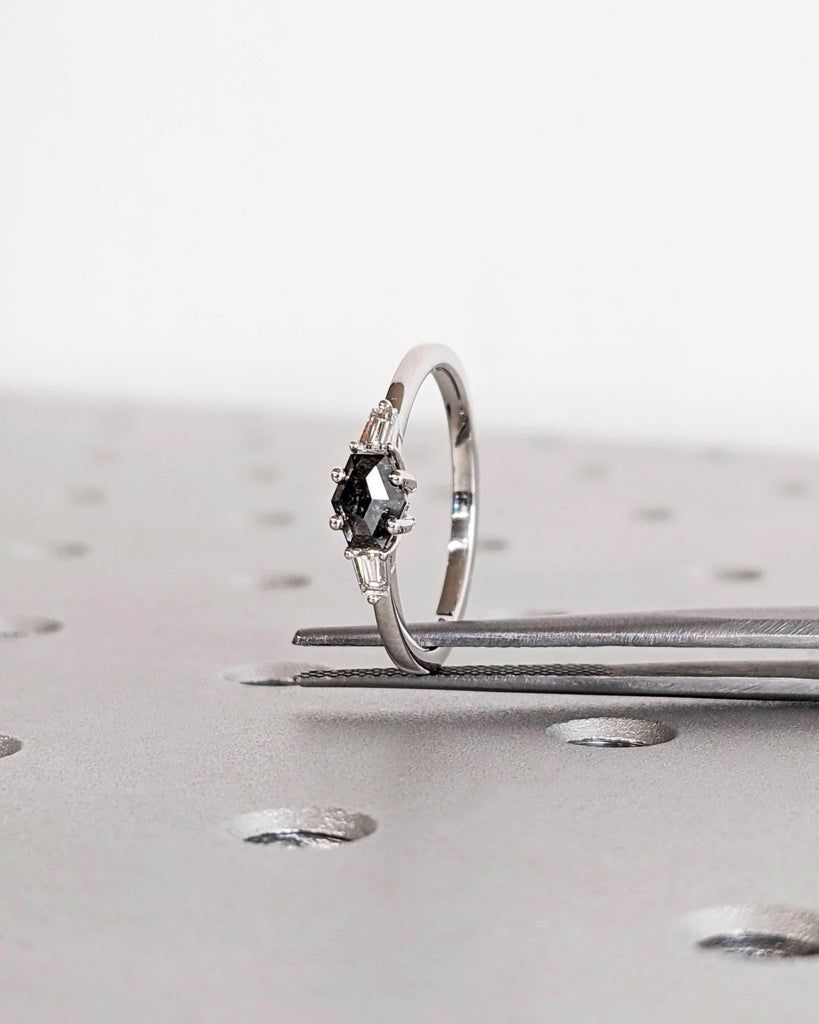 Dainty Salt and Pepper Black Diamond Wedding Anniversary Ring for Wife | Solid Gold, Platinum Unique Proposal Ring | Hexagon Diamond Ring