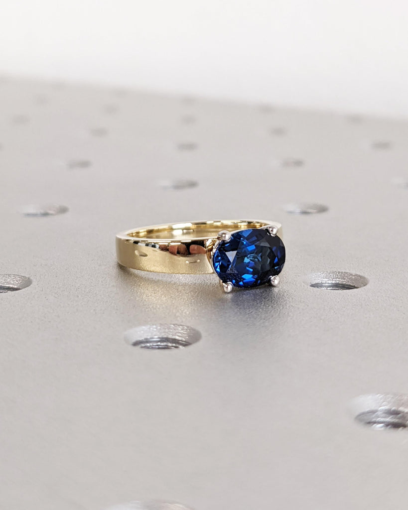 Blue Sapphire Solitaire Ring | Oval cut Ring | Sapphire Engagement Ring | Thick Wedding Band