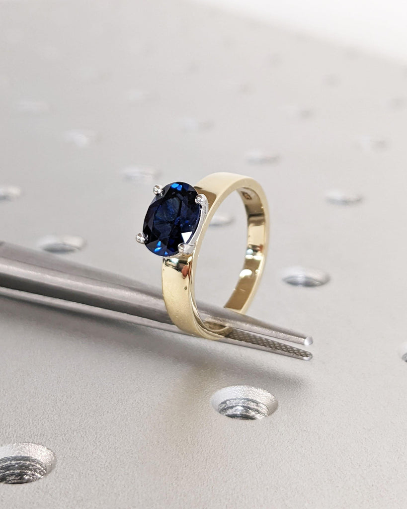 East West Lab Sapphire Engagement Ring | Oval cut Sapphire Promise Ring | Two Tone 14K Gold Ring | White and Yellow Gold Wedding Ring