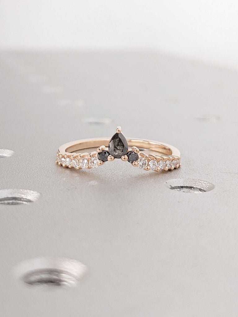 Natural Diamonds Dainty Wedding Ring | 14k Rose Gold Stacking Ring | Chevron Matching Ring | Curve Bridal Ring | Salt and Pepper Diamond