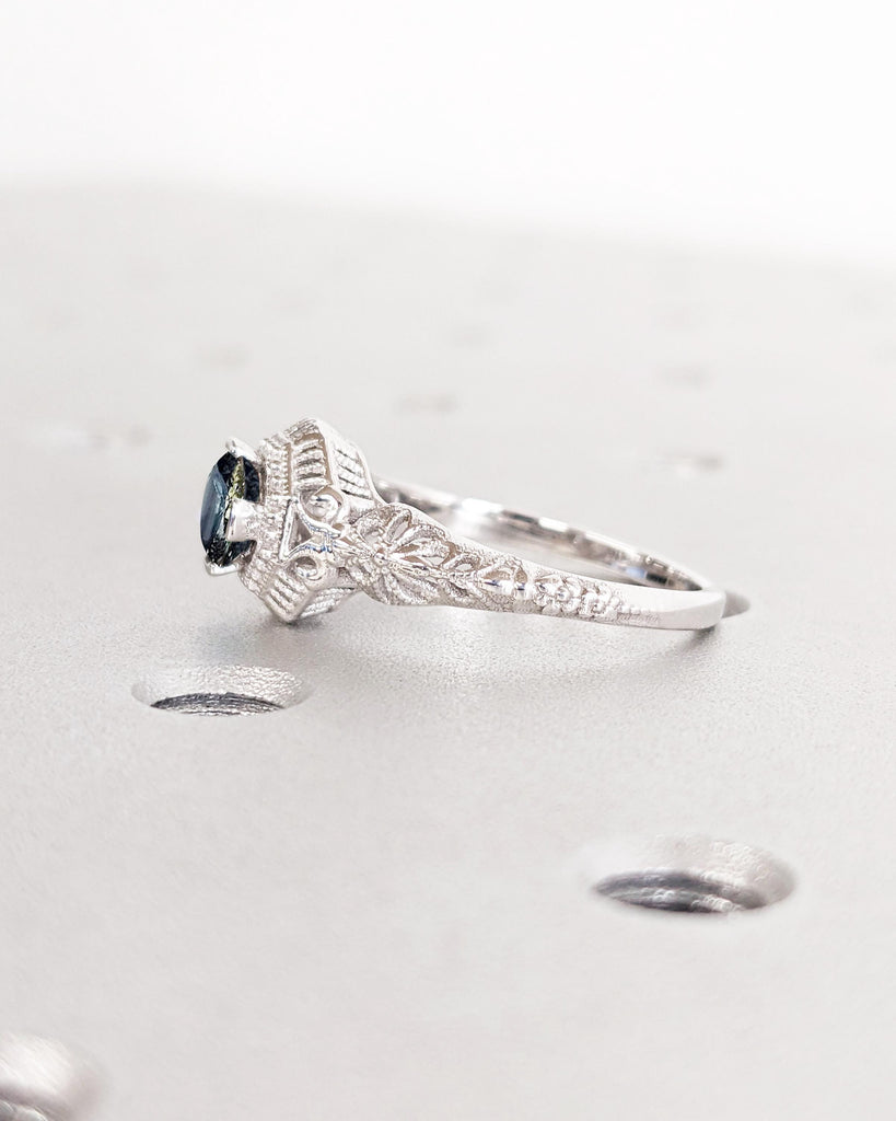 Antique Style Art Nouveau Peacock Sapphire Filigree Ring, Unique Teal Sapphire Engagement Ring, White Gold Vintage Art Deco Anniversary Ring