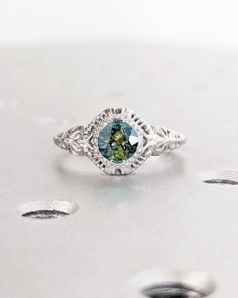 Vintage Style Peacock Sapphire Filigree Engagement Ring, Antique Art Deco Wedding Ring, Unique Teal Sapphire Engagement Ring, 14K White Gold