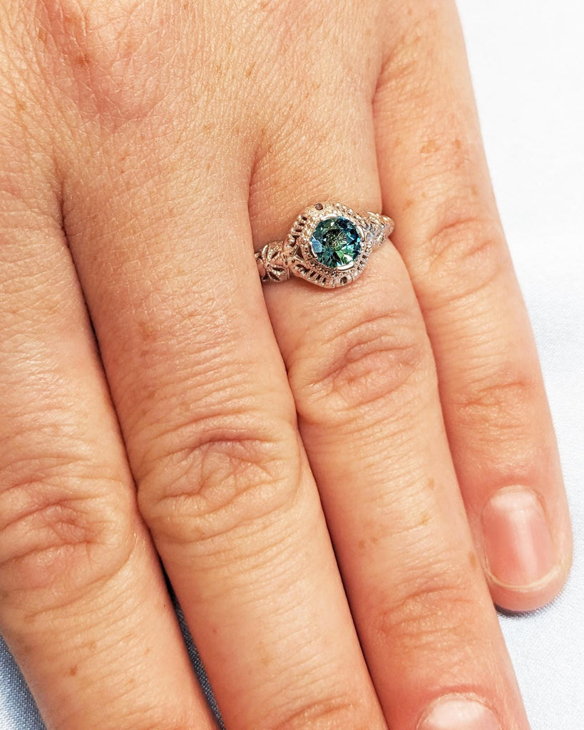 Vintage Style Peacock Sapphire Filigree Engagement Ring, Antique Art Deco Wedding Ring, Unique Teal Sapphire Engagement Ring, 14K White Gold