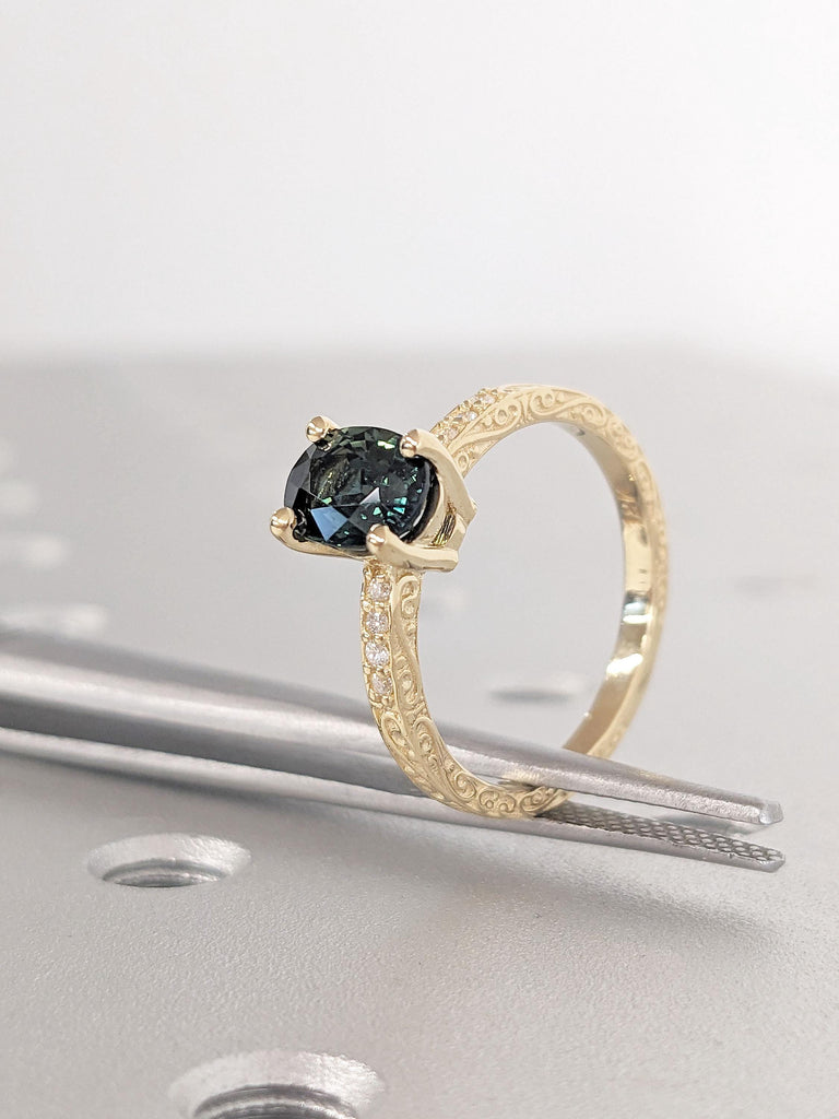 Unique Montana Sapphire Ring | Blue Green Sapphire Diamond Cluster Ring | Vintage Inspired Sapphire Engagement Ring | 18K Gold Ring for Her