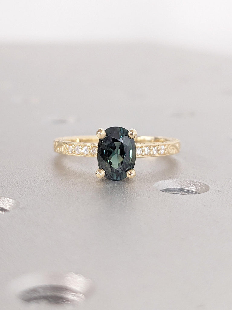 Unique Montana Sapphire Ring | Blue Green Sapphire Diamond Cluster Ring | Vintage Inspired Sapphire Engagement Ring | 18K Gold Ring for Her