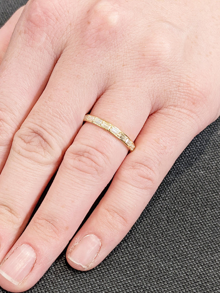 Half Eternity Baguette Wedding Band, 18k Yellow Gold Diamond Matching Rings for Women, Dainty Baguette Ring, Stacking Ring, Anniversary Gift