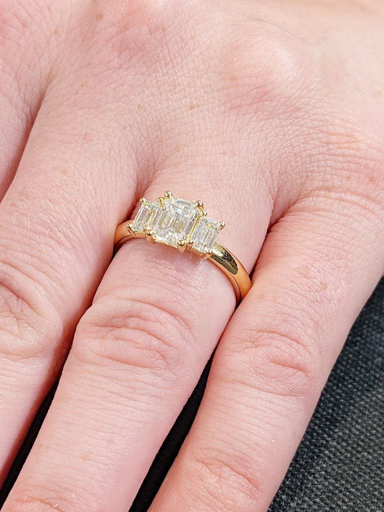 Emerald Cut Moissanite Engagement Ring | 18k Yellow Gold Wedding Ring | Unique Moissanite Three Stone Ring | Anniversary Gifts for Women