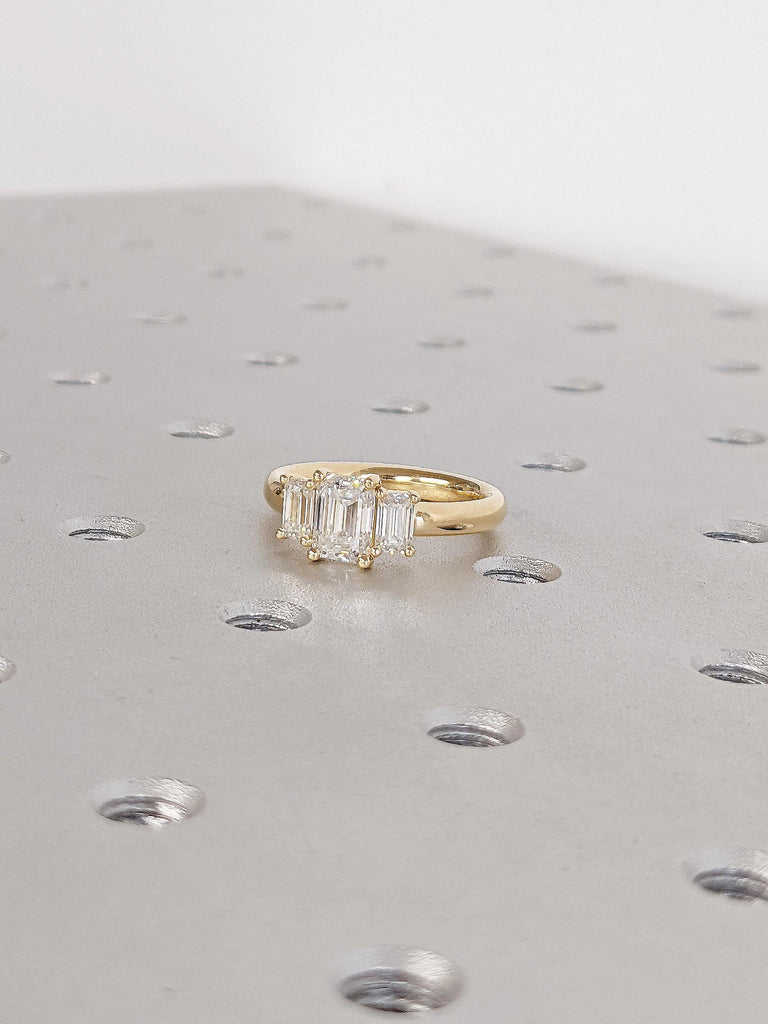 Emerald Cut Moissanite Engagement Ring | 18k Yellow Gold Wedding Ring | Unique Moissanite Three Stone Ring | Anniversary Gifts for Women