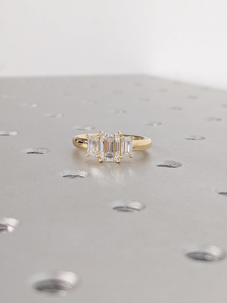 Lab Grown Diamond Promise Ring | 18k Yellow Gold Wedding Rings | Emerald Cut Three Stone Ring | Handmade Jewelry | Unique Statement Ring