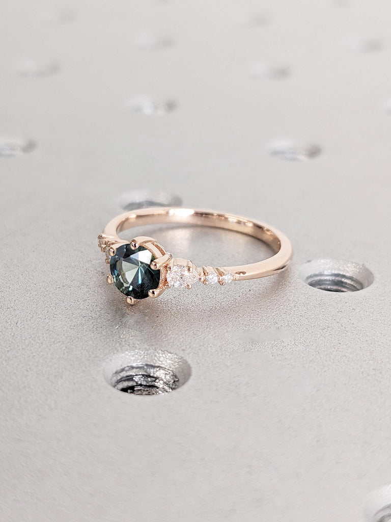 Vintage Round cut Teal Sapphire Engagement Ring | 14k Rose Gold Peacock Sapphire Wedding Ring | Pear Round Diamond Cluster Anniversary Ring