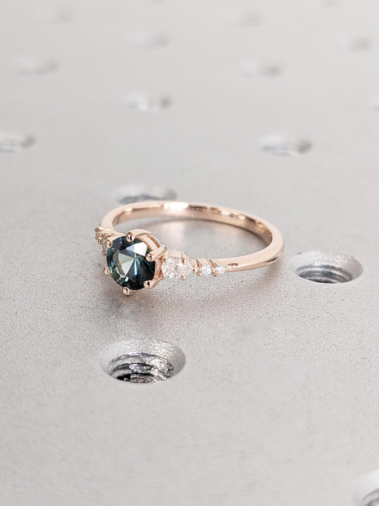 Natural Blue Green Sapphire Promise Anniversary Ring for Her | Prong Set Ring | Moissanite Cluster Ring | Solid Rose Gold Engagement Ring