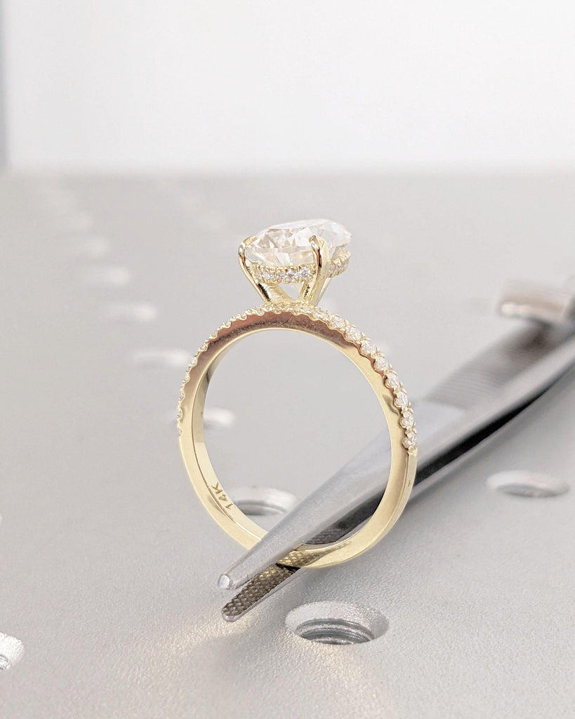 Dainty Lab Created Diamond Hidden Halo Promise Anniversary Ring for Her | Solid Yellow Gold Pear cut Engagement Ring | 3 Prong High Profile Setting