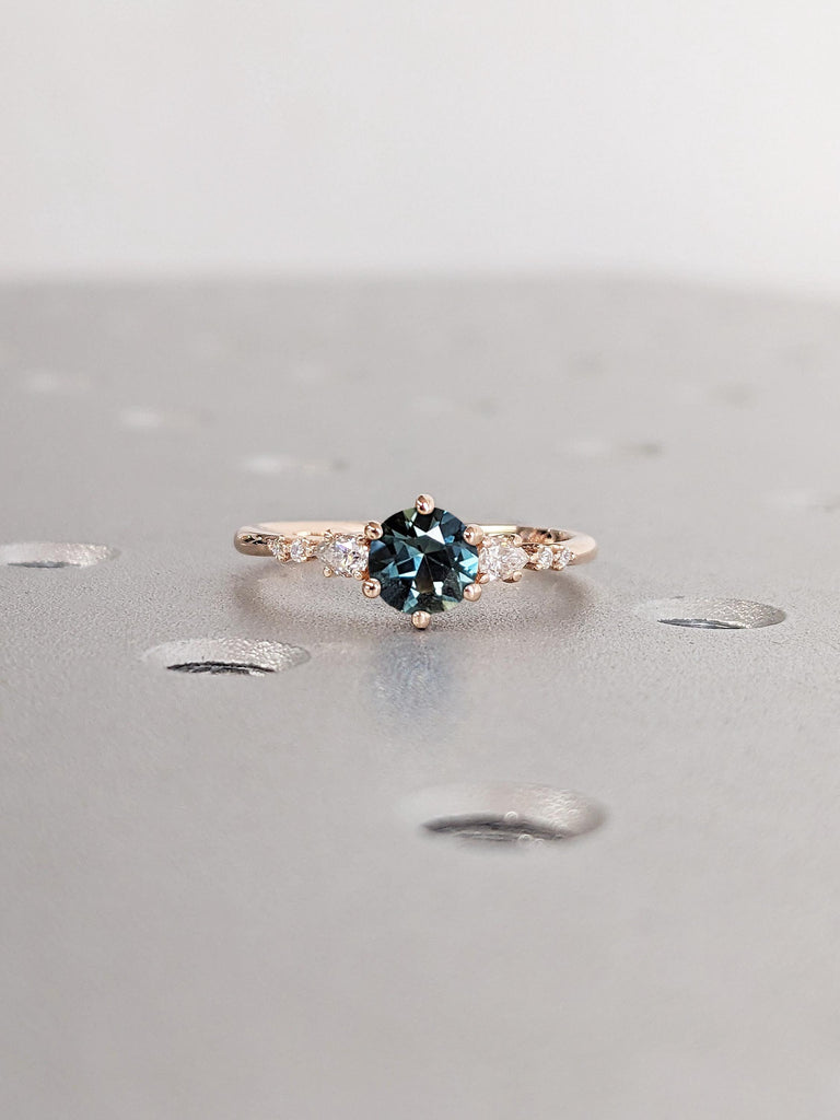 0.5ct Natural Blue Green Sapphire Promise Anniversary Ring for Her | Prong Set Ring | Moissanite Cluster Ring | Solid Rose Gold Engagement Ring