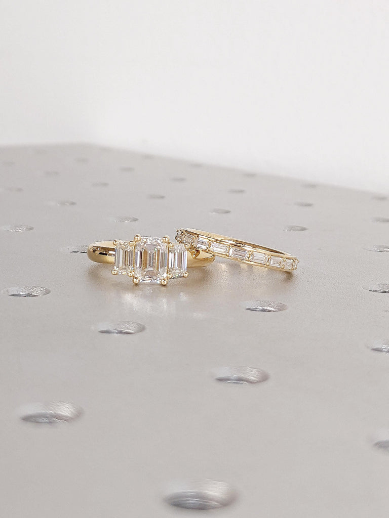 Three Stone Emerald Cut Moissanite Engagement Ring Set | 18k Yellow Gold Promise Ring | Half Eternity Baguette Wedding Ring | Gift for Her