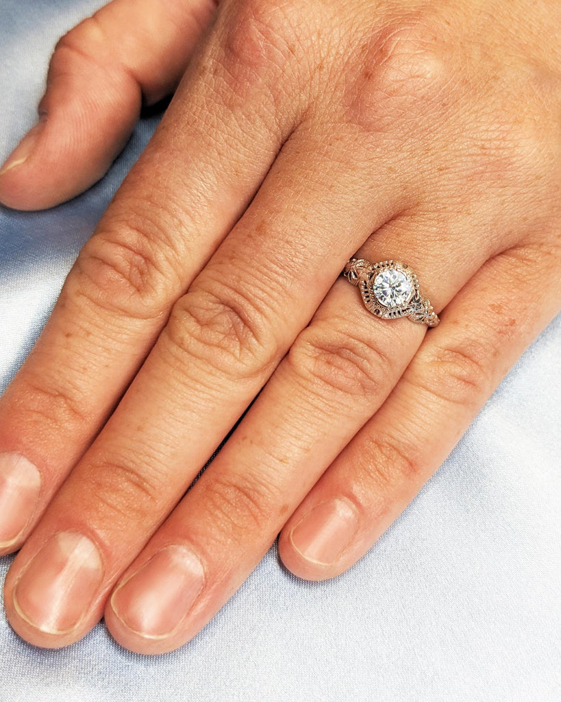 Art Deco Gold Ring With Round Lab Grown Diamond | Solid 14K 18K White Gold Ring | Handcrafted Filigree Flower Ring | Antique Engagement Ring