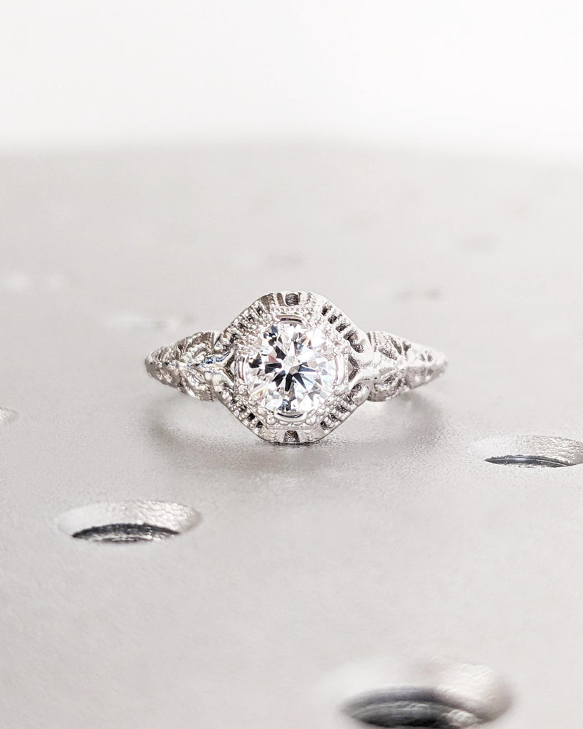 Real White Gold Round Lab Created Diamond Vintage Engagement Ring | VVS Simulant Diamond Promise Ring | Unique Antique Style Filigree Ring