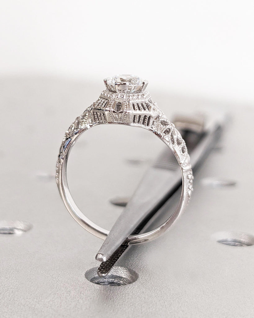 Real White Gold Round Lab Created Diamond Vintage Engagement Ring | VVS Simulant Diamond Promise Ring | Unique Antique Style Filigree Ring