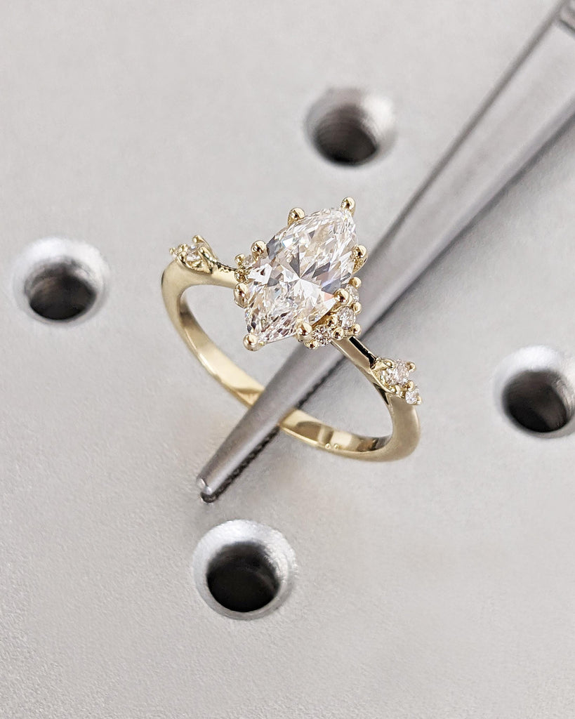 Vintage Style Inspired Engagement Ring, Marquise Cut Lab Grown Diamond Ring, Unique Art Deco Marquise Engagement Ring, 14K Anniversary Ring