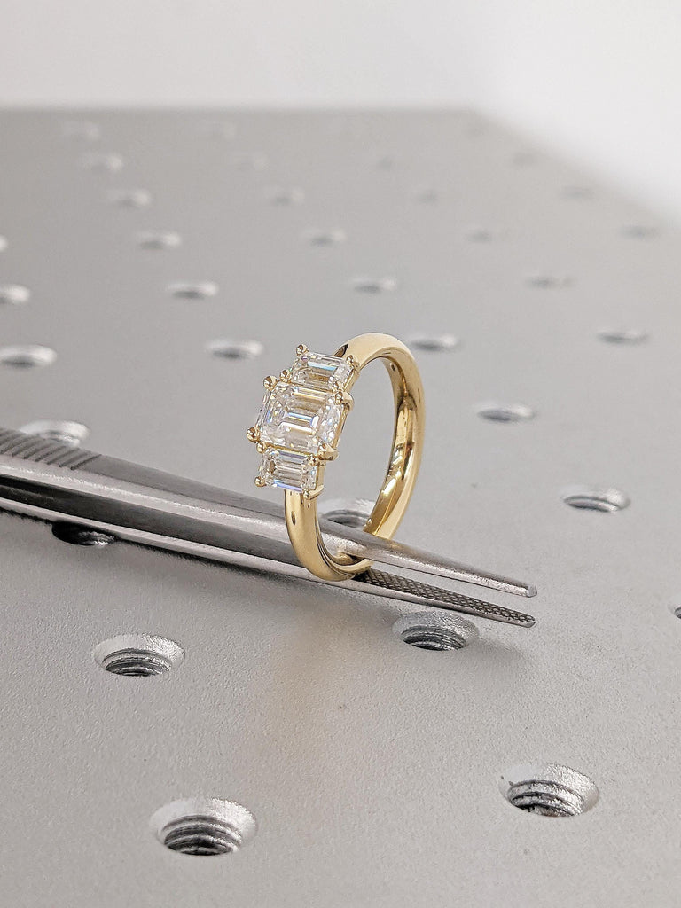 Lab Grown Diamond Promise Ring | 18k Yellow Gold Wedding Rings | Emerald Cut Three Stone Ring | Handmade Jewelry | Unique Statement Ring