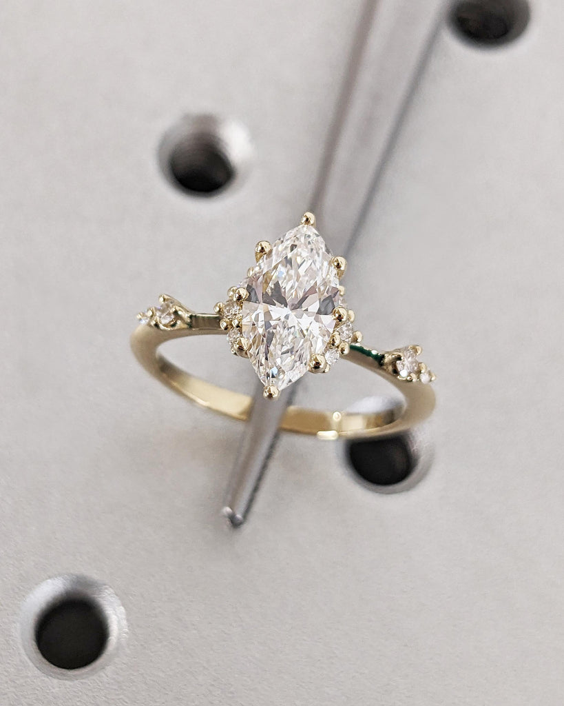 Vintage Style Inspired Engagement Ring, Marquise Cut Lab Grown Diamond Ring, Unique Art Deco Marquise Engagement Ring, 14K Anniversary Ring