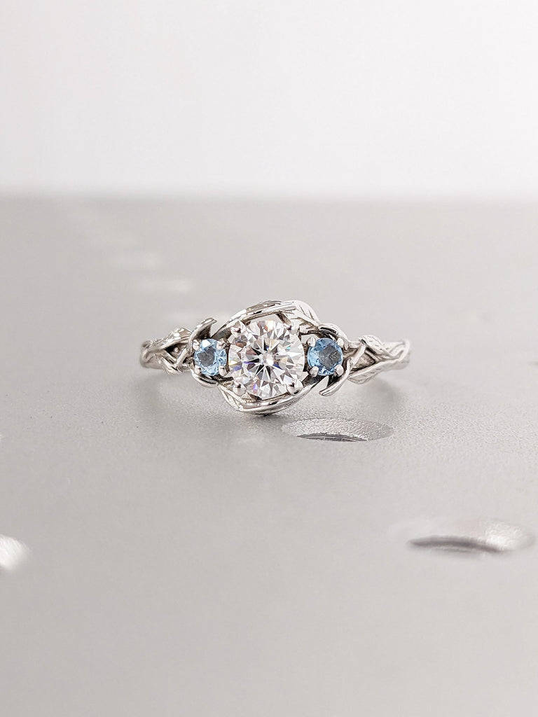 Round cut Moissanite Leaf Engagement Ring | Natural Aquamarine Wedding Ring | Birthday Gift for Her Girlfriend Mom Wife Sister