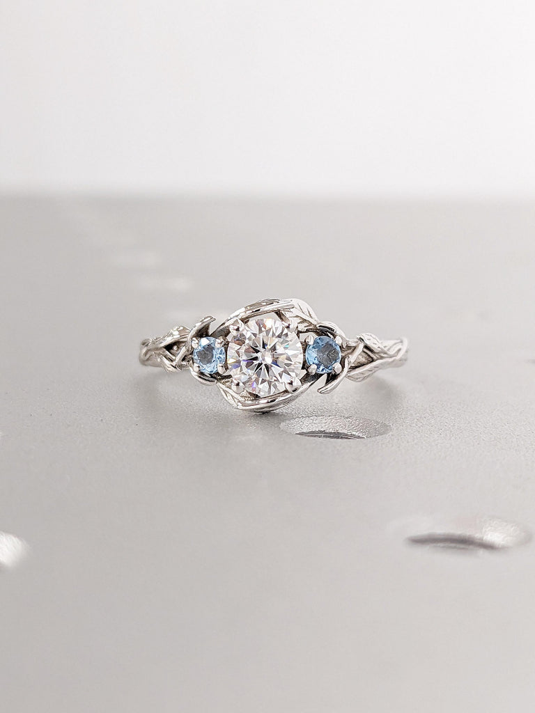 Round cut Moissanite Leaf Engagement Ring | Natural Aquamarine Wedding Ring | Birthday Gift for Her Girlfriend Mom Wife Sister